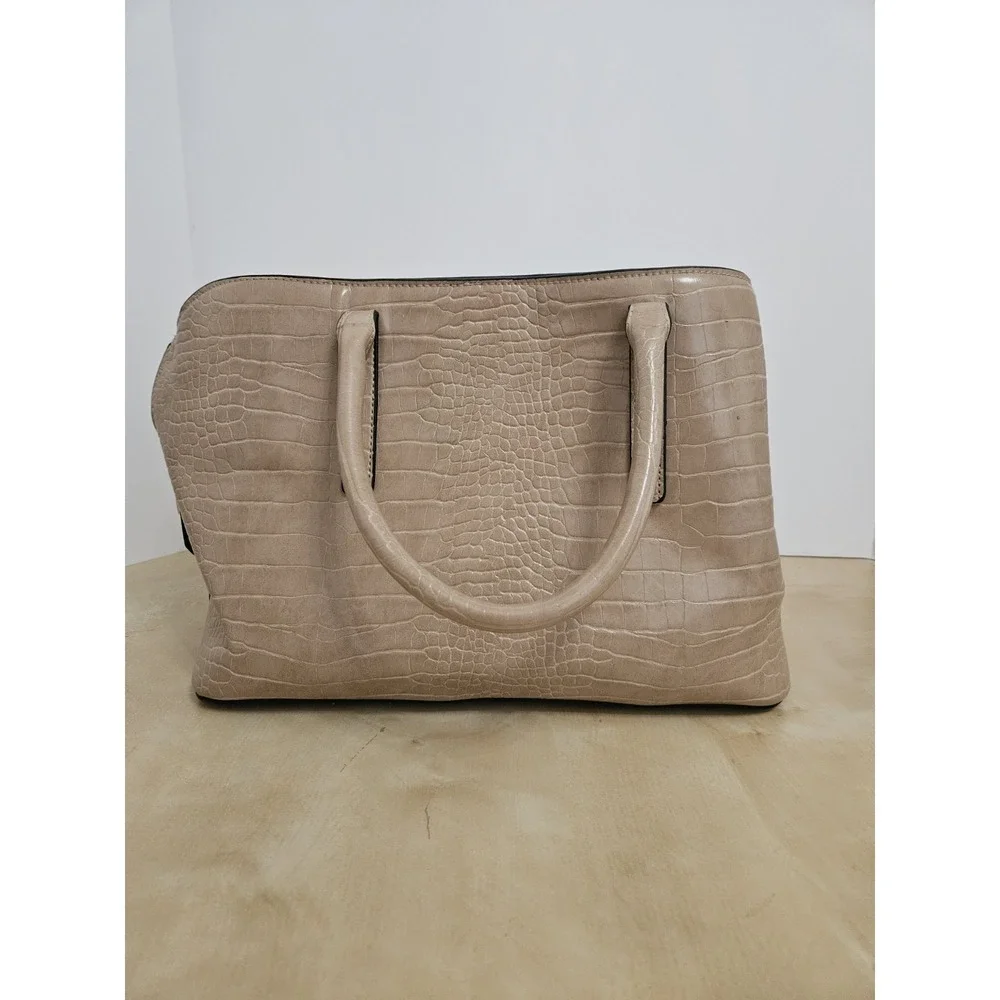 Bebe Beige Faux Croc Embossed Satchel Handbag Double Handle Tote Purse Medium